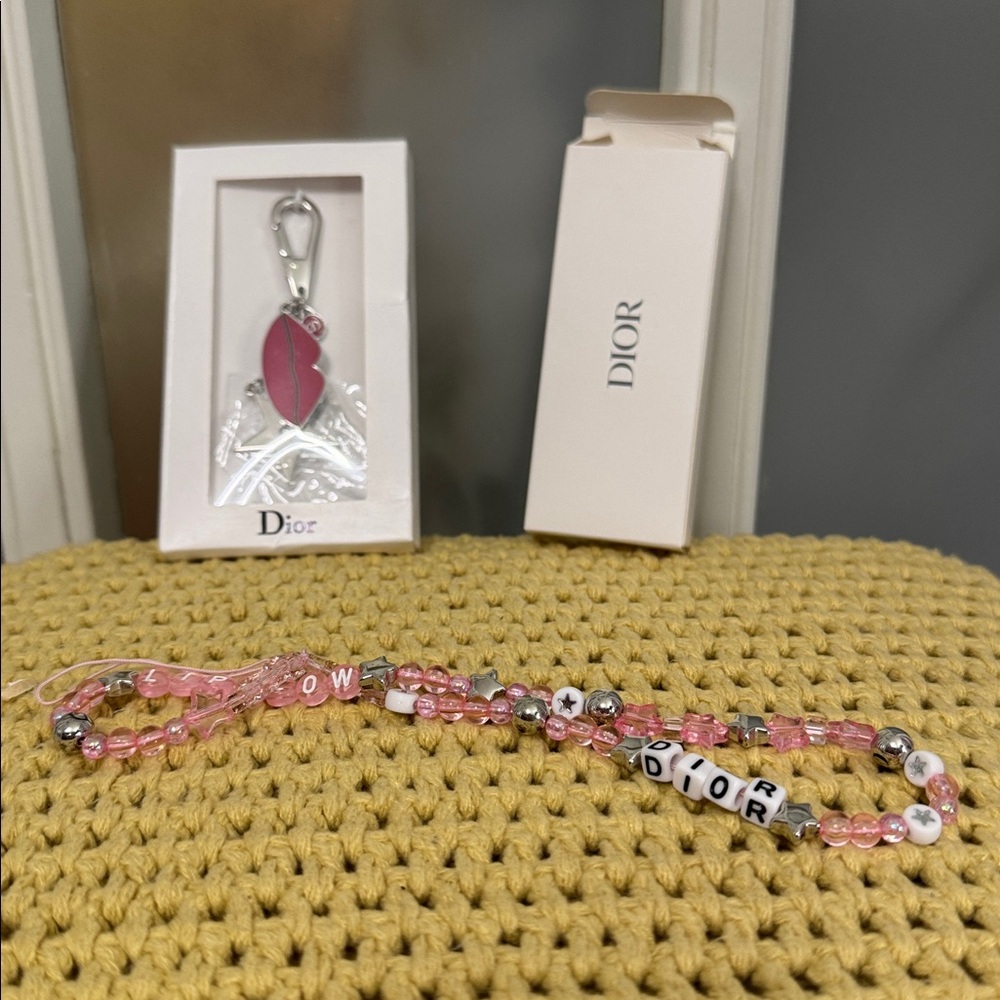 Dior Pink and Silver Charm Keychain with Dior Phone Charm